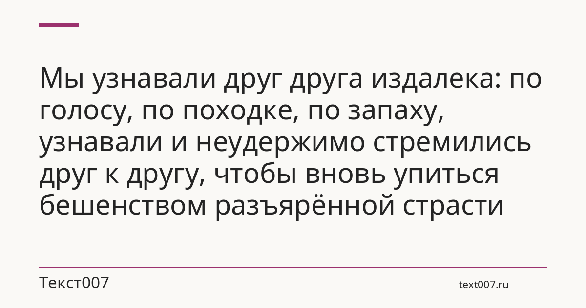 Мы узнавали друг друга издалека: по голосу, по походке, по запаху, узнавали и неудержимо стремились друг к другу, чтобы вновь упиться бешенством разъярённой страсти